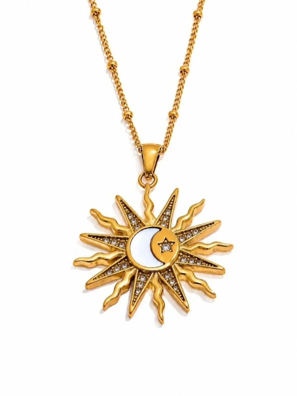 Gold Tone Sun & Crescent Moon Pendant Necklace
